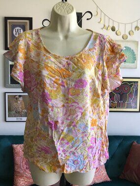 EMERSON ROSE size L Pink Orange & Yellow Floral Paint Ruffle Sleeve Blouse Top